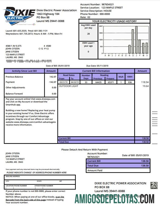 imprimível Modelo de conta de serviço público elétrico Mississipi Dixie dos EUA em formato Word e PDF